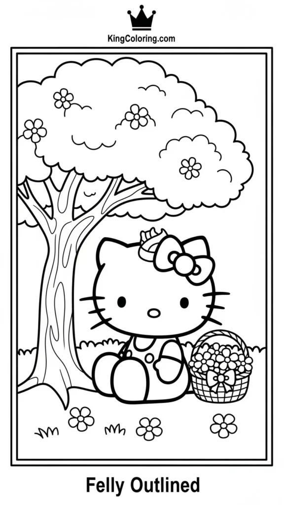 Hello Kitty sitting under a tree with a basket of flowers