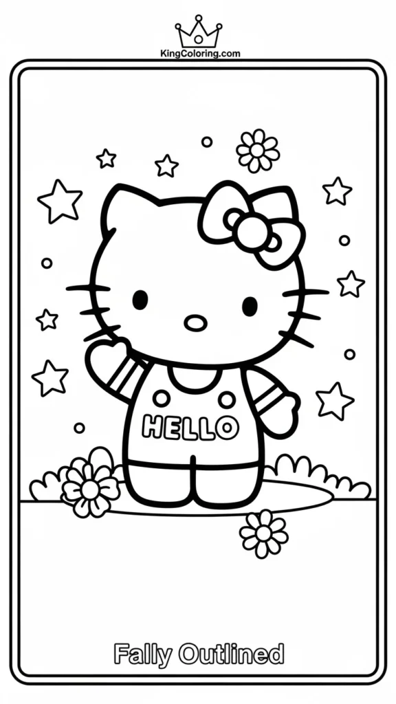 Hello Kitty waving hello with stars and flowers around