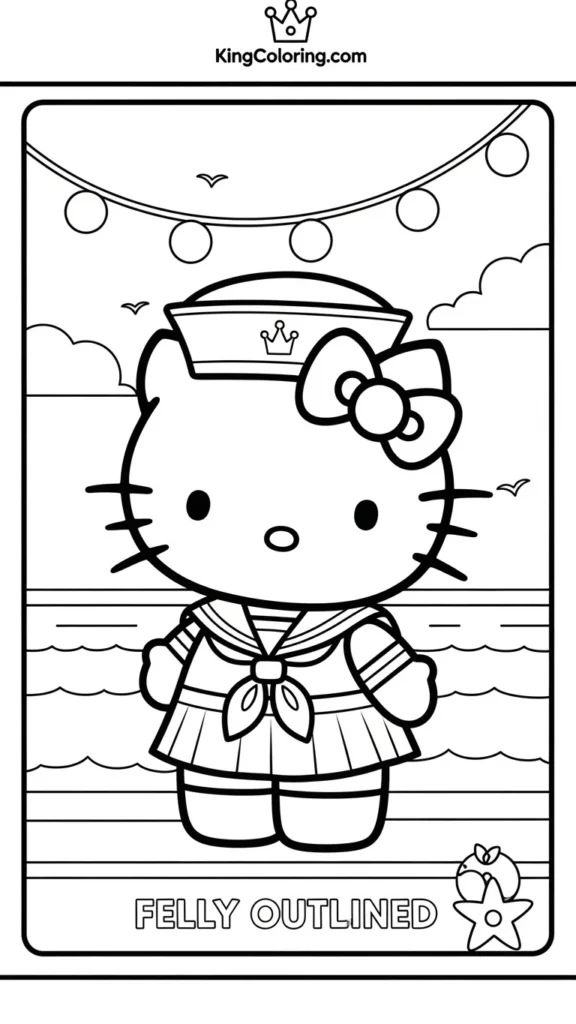Hello Kitty wearing a sailor outfit on a seaside background