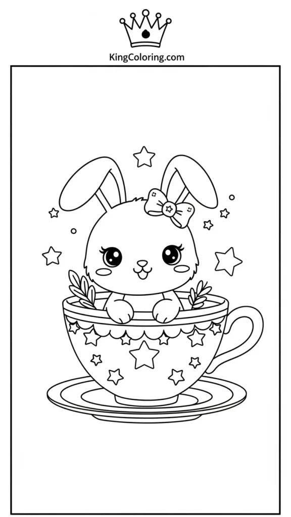 Kawaii bunny sitting inside a teacup with stars around