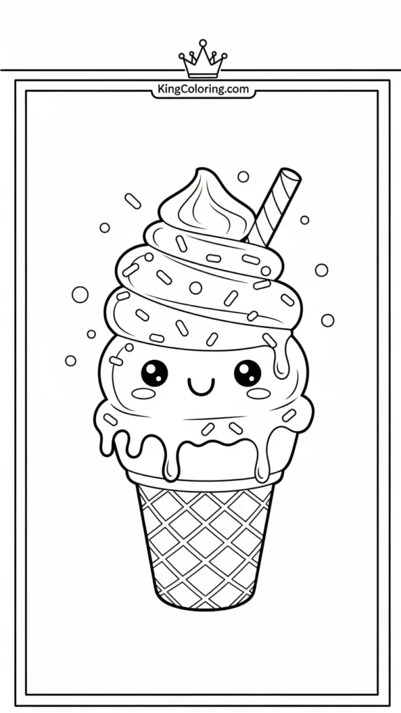 Kawaii ice cream cone with a happy face and sprinkles