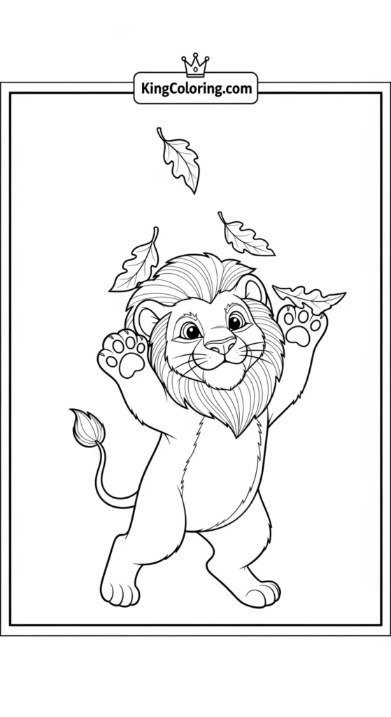Lion coloring pages featuring a small lion batting at falling leaves