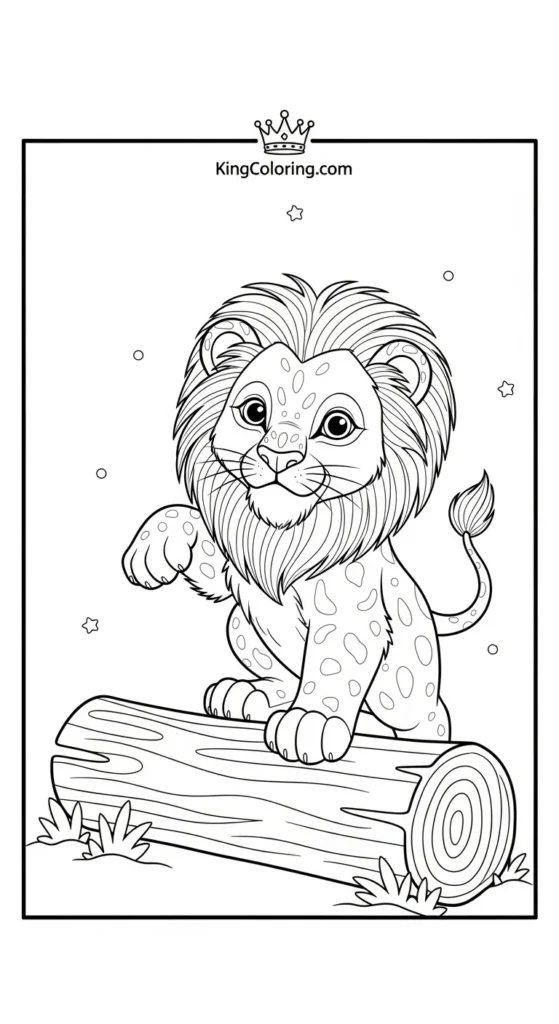 Lion coloring pages featuring a small lion stepping over a log