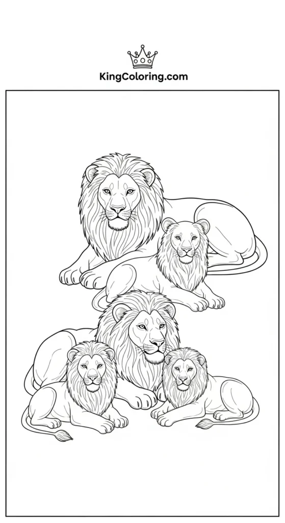 Lion coloring pages illustrating a lion family resting in a loose circle