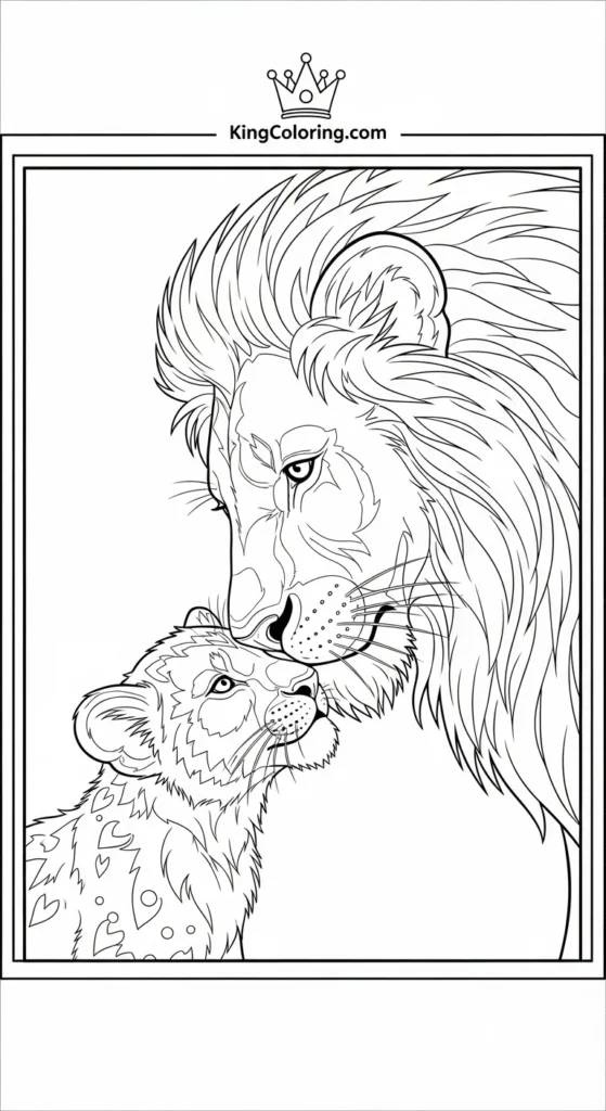 Lion coloring pages illustrating a lion parent gently nudging a cub with its nose