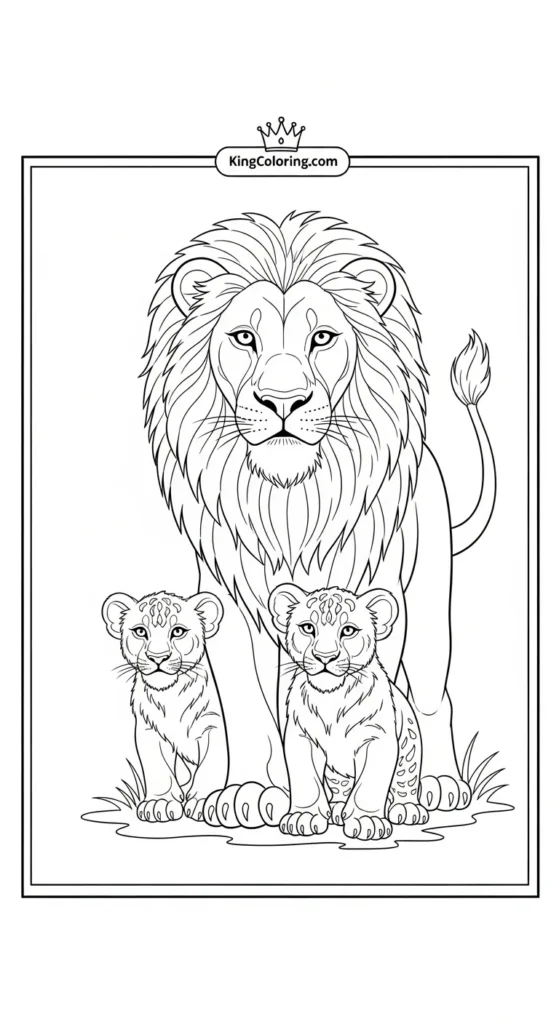Lion coloring pages illustrating a lion parent standing protectively behind two cubs