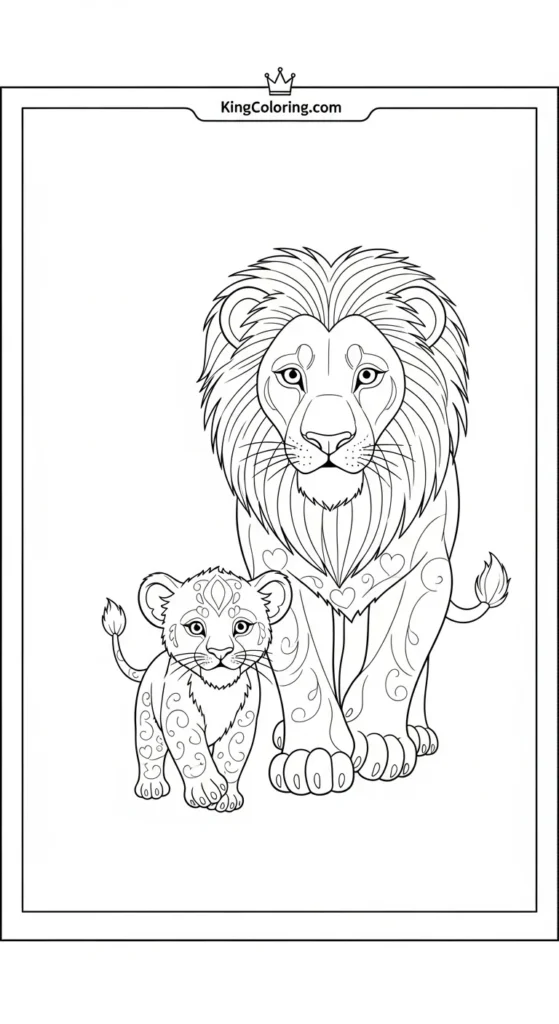 Lion coloring pages illustrating a parent lion guiding a cub forward with a gentle paw