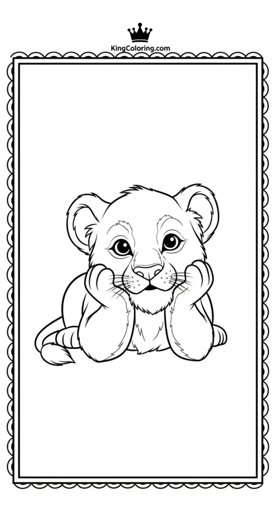 Lion coloring pages illustrating a small lion lying on its belly with chin resting on its paws