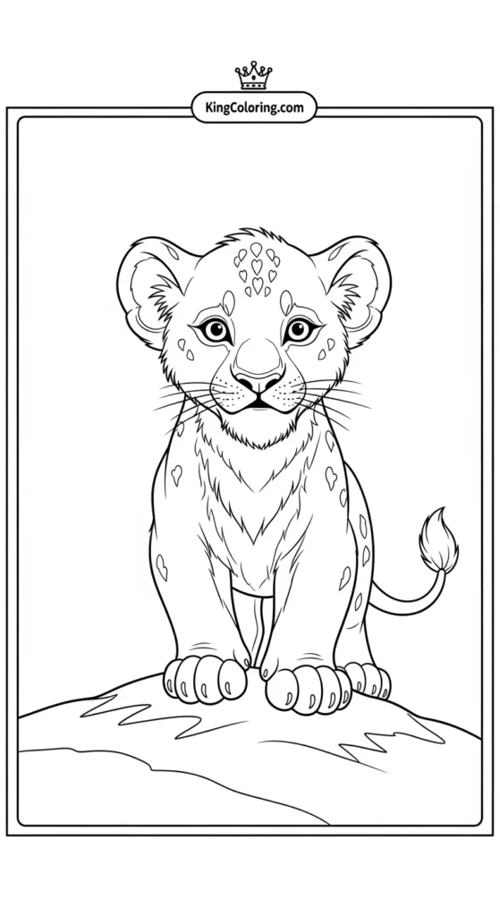 Lion coloring pages showing a baby lion cub standing proudly on a small hill
