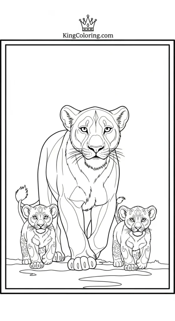 Lion coloring pages showing a lioness family with two cubs walking together