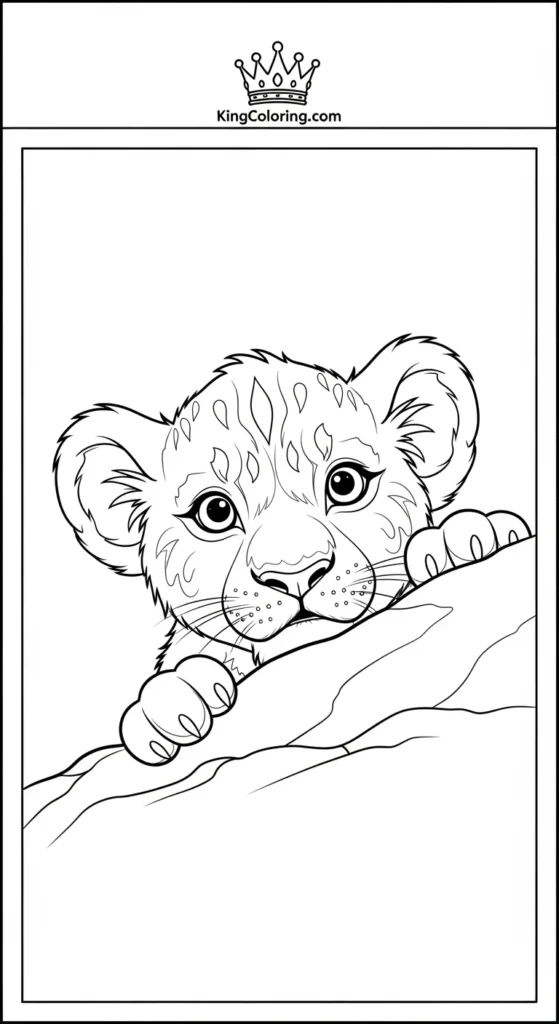 Lion coloring pages with a lion cub peeking out from behind a rock
