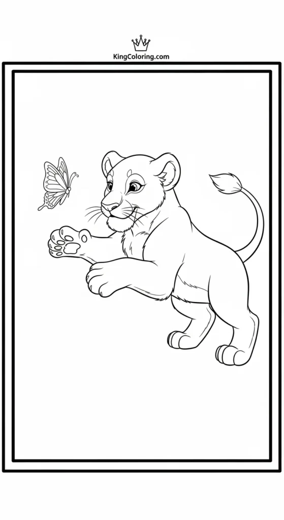 Lion coloring pages with a lioness cub playing with a butterfly