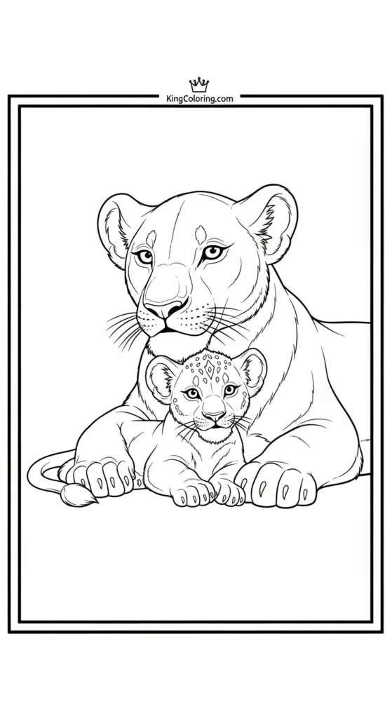 Lion coloring pages with a tiny lioness cub lying beside its mother