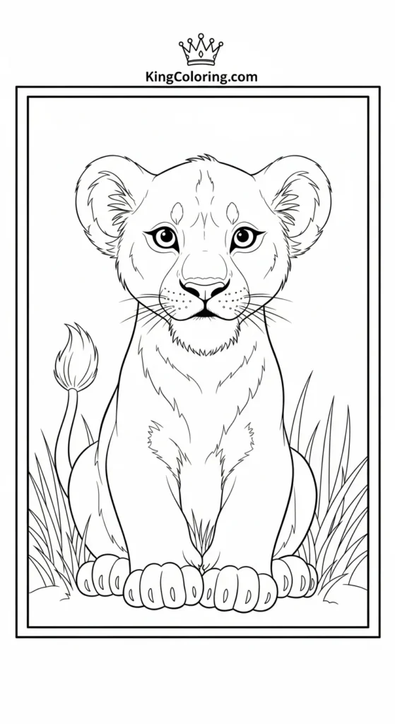 Lioness coloring pages depicting a lioness cub sitting among grass