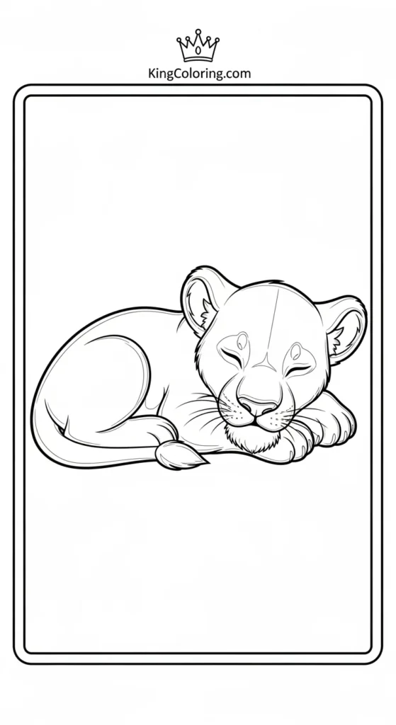 Lioness coloring pages depicting a small lioness sleeping curled up