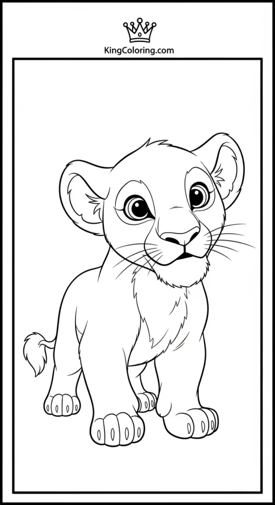 Lioness coloring pages featuring a baby lioness cub standing on short legs