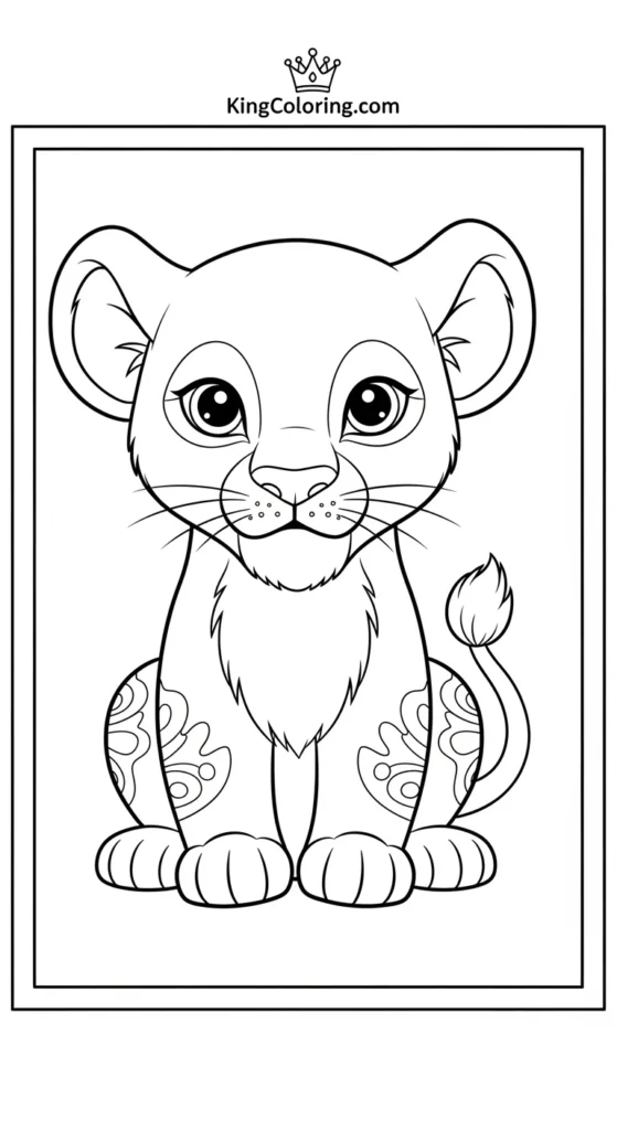 Lioness coloring pages featuring a small cute lioness sitting calmly