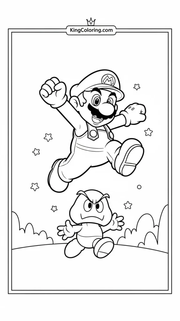 Mario jumping over a small Goomba