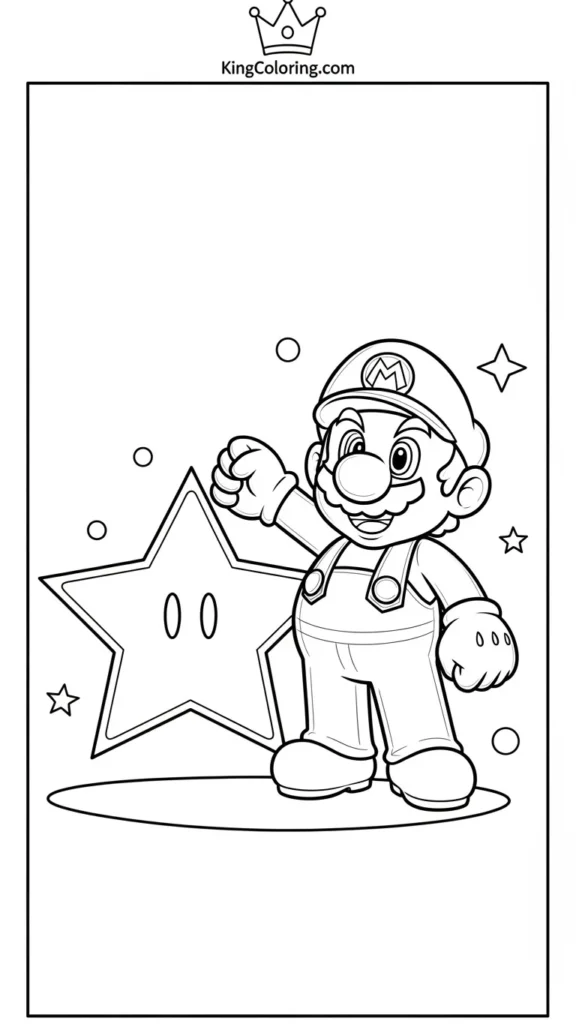 Mario standing next to a big star, bold outlines