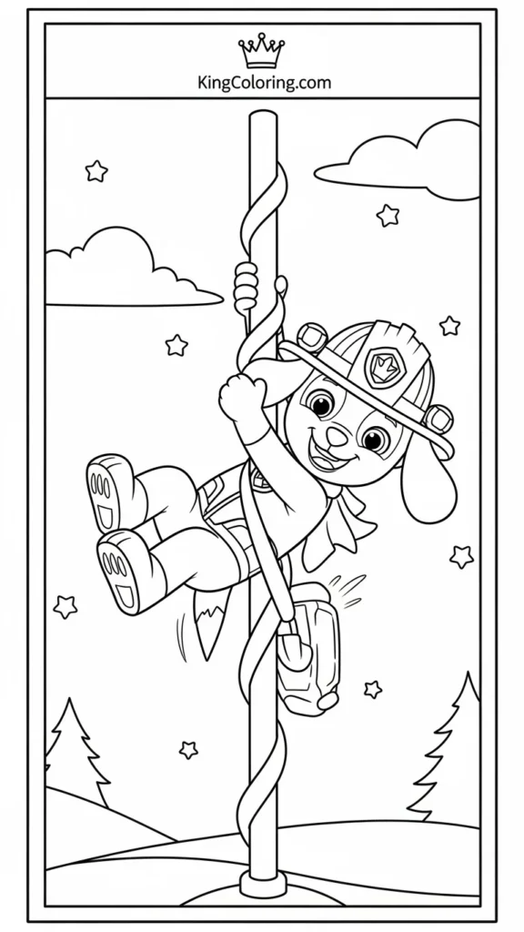 Marshall sliding down a fire pole