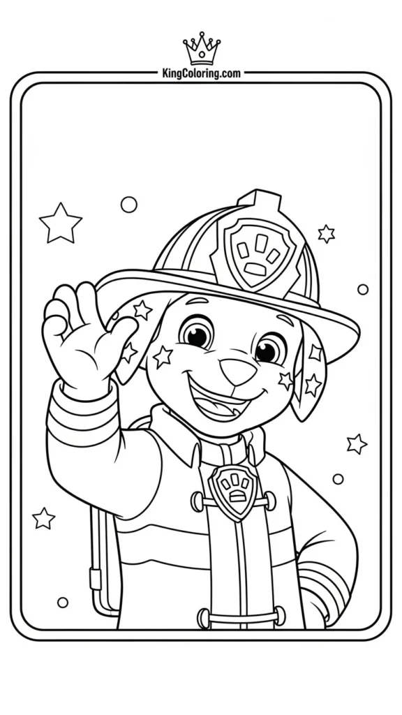Marshall smiling and waving in his firefighter outfit