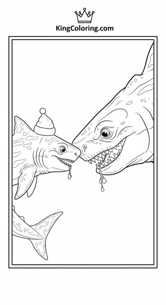 Megalodon coloring pages depicting a parent Megalodon and baby touching noses