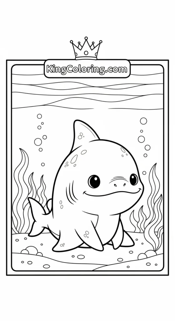 Megalodon coloring pages featuring a small cute Megalodon sitting calmly underwater