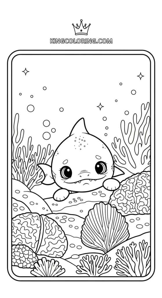Megalodon coloring pages featuring a tiny Megalodon peeking