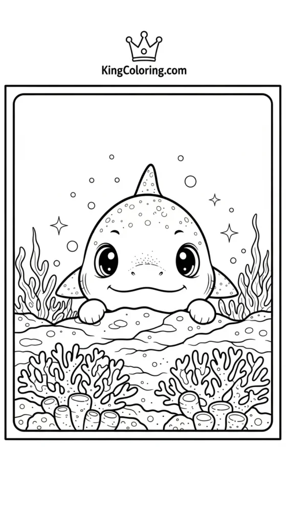 Megalodon coloring pages featuring a tiny Megalodon peeking from behind a coral reef