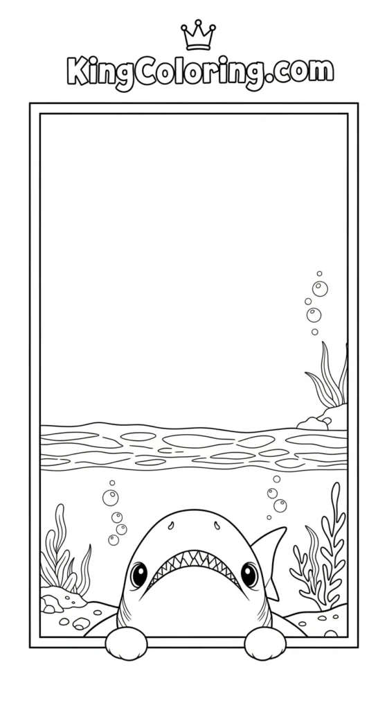 Megalodon coloring pages featuring a tiny Megalodon peeking upward from below the frame