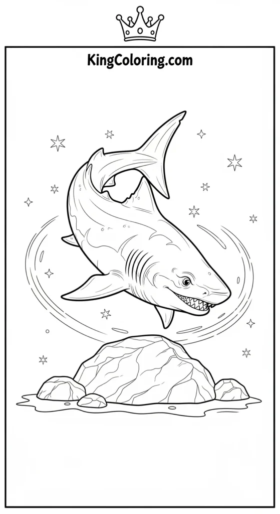Megalodon coloring pages illustrating a Megalodon gently circling a rock