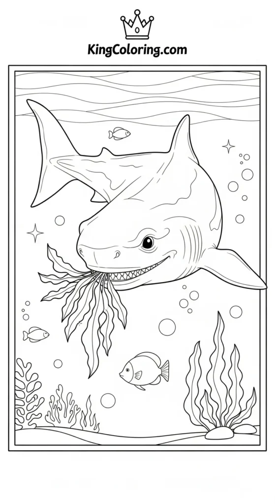 Megalodon coloring pages illustrating a Megalodon sniffing floating seaweed
