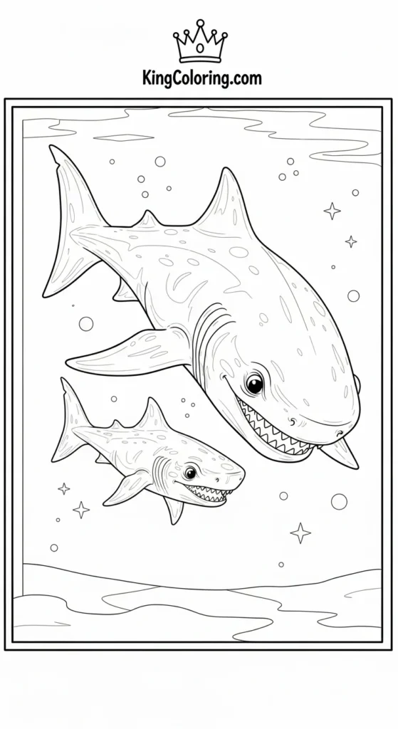 Megalodon coloring pages illustrating a parent Megalodon gently swimming alongside a baby