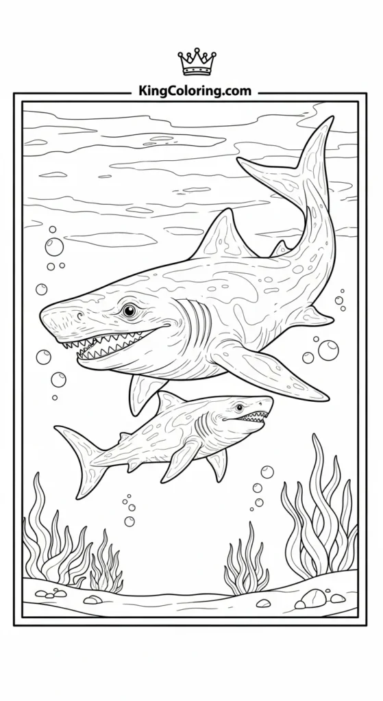 Megalodon coloring pages illustrating a parent Megalodon swimming slightly above a baby