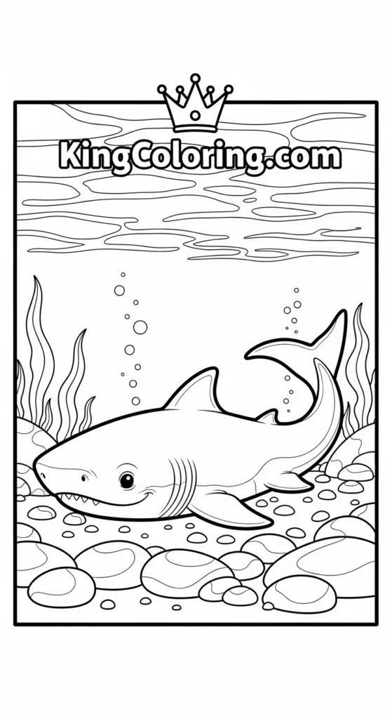 Megalodon coloring pages showing a small Megalodon resting near rocks
