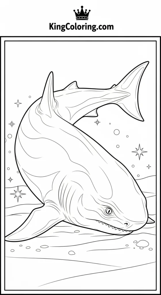 Megalodon coloring pages showing a small Megalodon resting with chin near the seabed