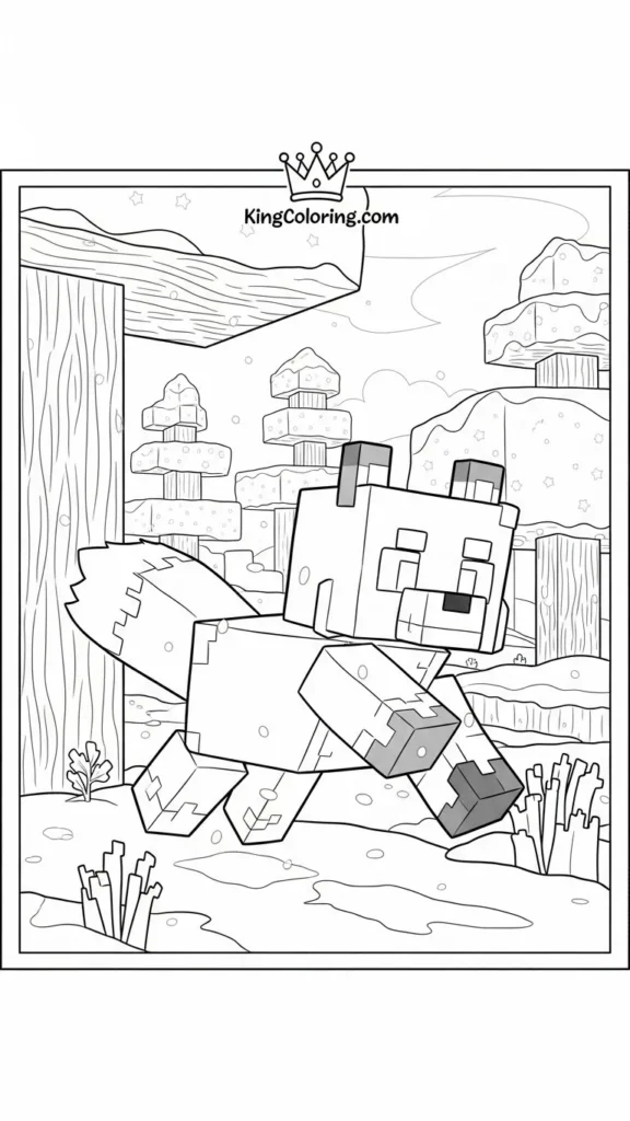 Minecraft fox running through a snowy forest