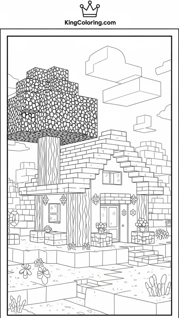 Minecraft village scene with a house and tree