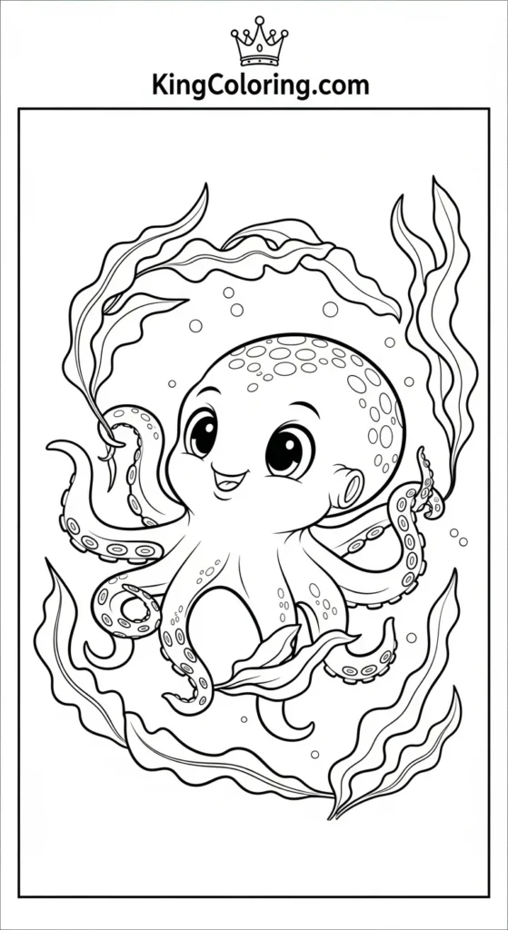 Octopus coloring pages depicting a baby octopus playing with floating seaweed
