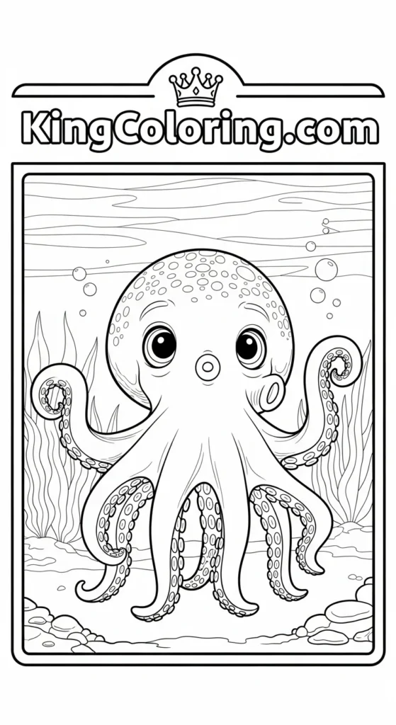Octopus coloring pages depicting a baby octopus standing upright with tentacles spread