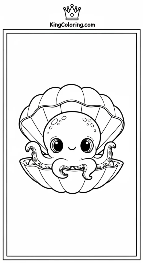 Octopus coloring pages depicting a tiny octopus hiding inside a seashell