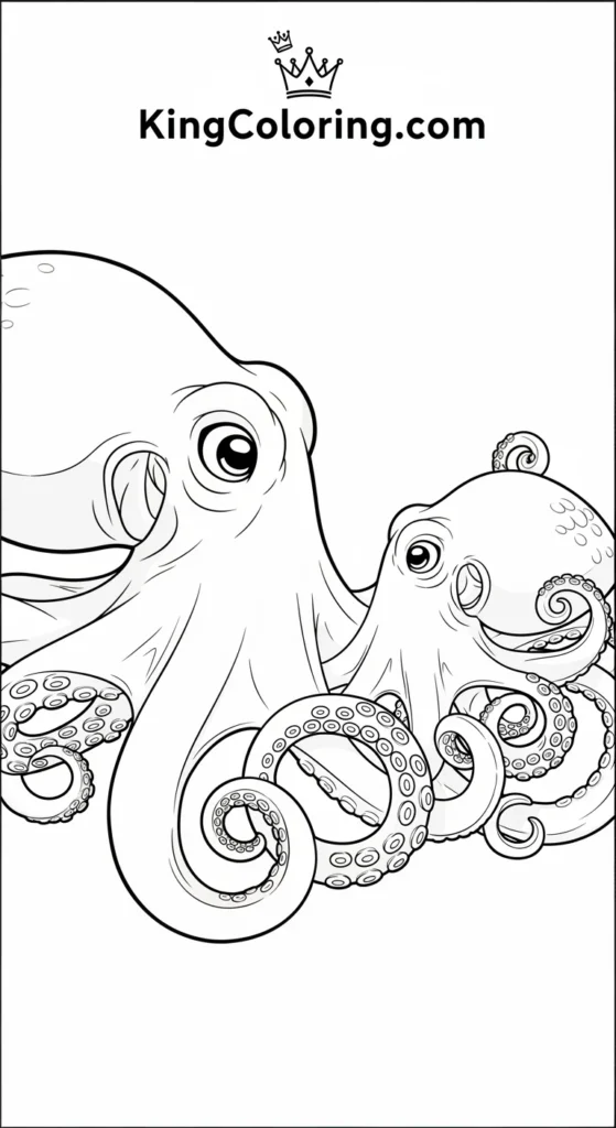 Octopus coloring pages depicting an octopus parent and baby facing each other