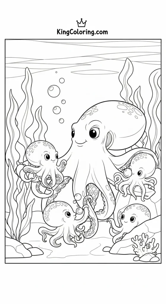 Octopus coloring pages illustrating a parent octopus watching over playful baby octopuses