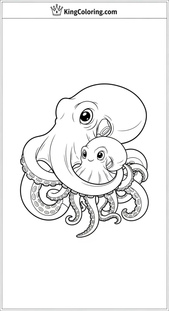 Octopus coloring pages illustrating an octopus parent wrapping tentacles protectively around a baby
