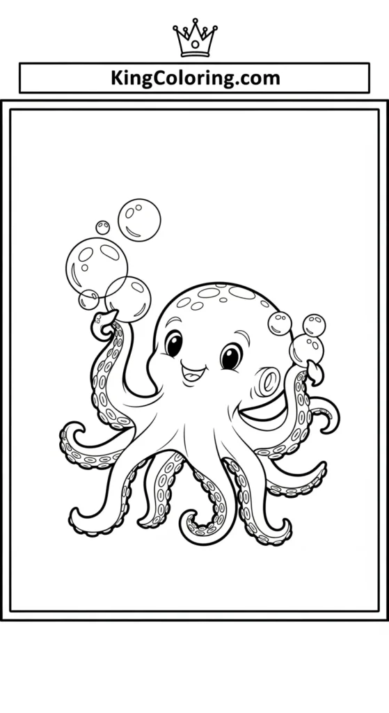 Octopus coloring pages showing a small octopus holding bubbles in its tentacles