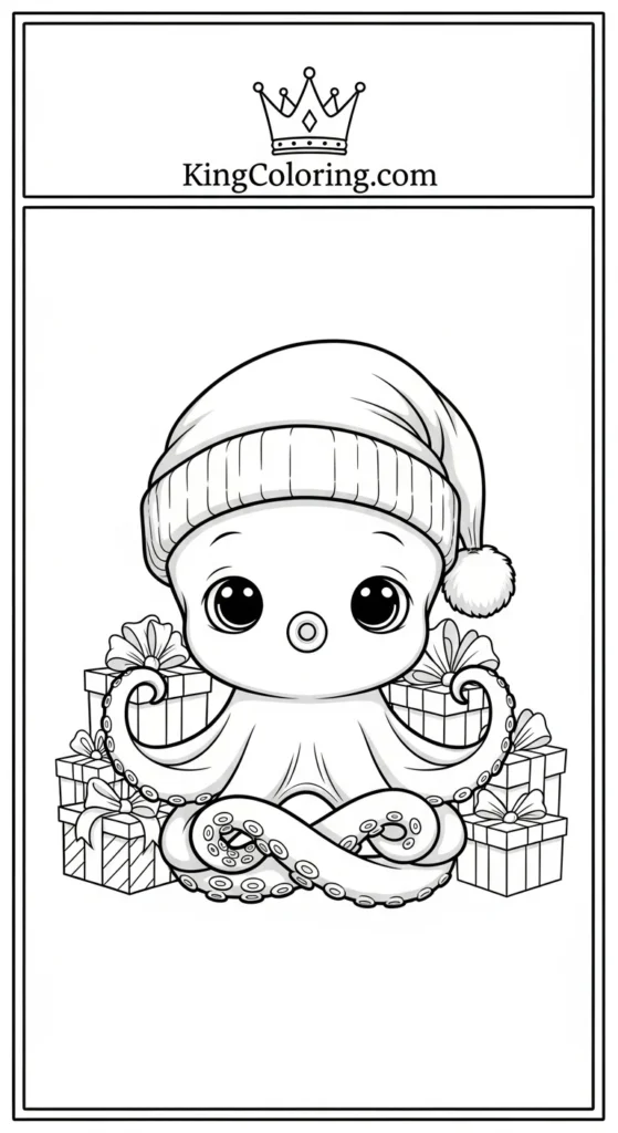 Octopus coloring pages showing a small octopus sitting cross-tentacle with christmas gifts