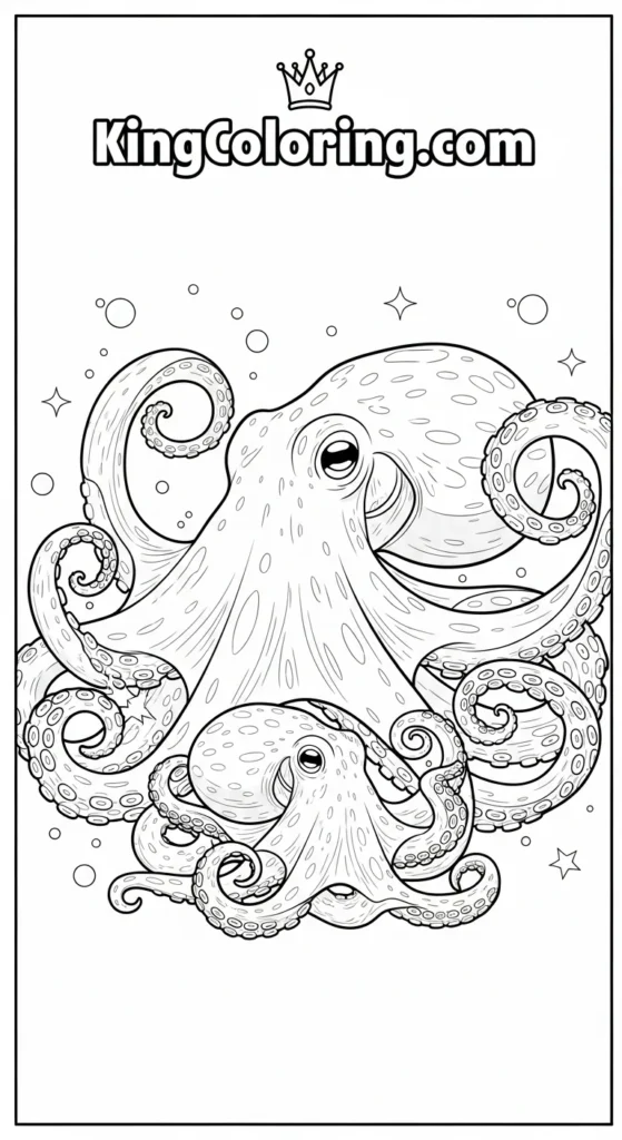Octopus coloring pages with a tiny baby octopus lying on its back
