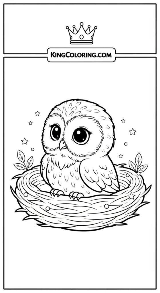 Owl coloring pages depicting a baby owl sitting inside a circular nest