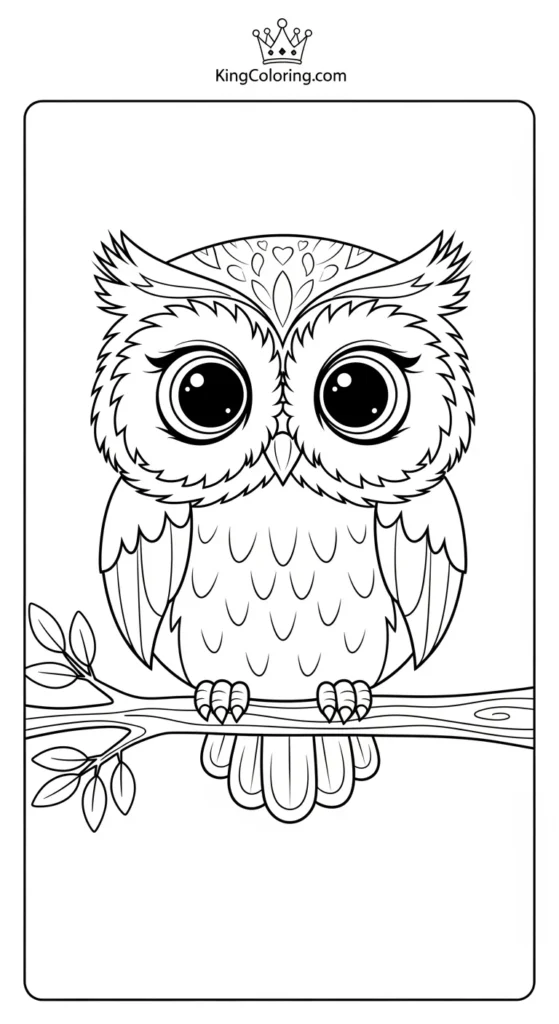 Owl coloring pages featuring a small cute owl sitting calmly on a branch