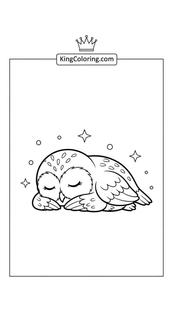 Owl coloring pages featuring a small owl lying on its belly with head resting on wings